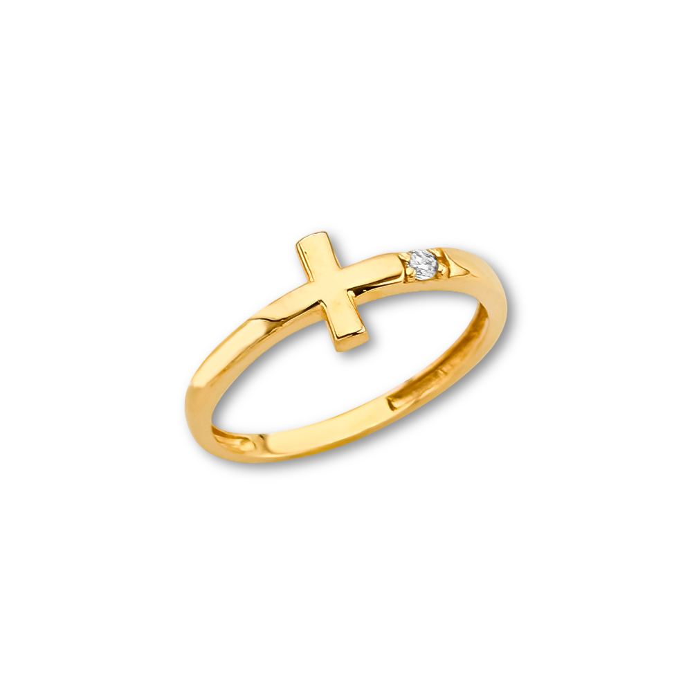 14K yellow gold CZ cross ring displayed upright on a plain white background, showing the polished gold band and sparkling cubic zirconia cross detail.
