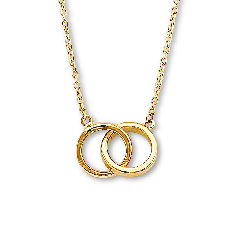 14K yellow gold ‘Together’ necklace displayed on a plain white background, showing the interlocking design and fine polished chain.