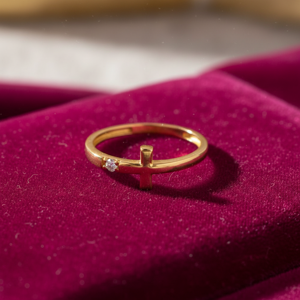 14K yellow gold CZ cross ring laid on rich magenta velvet, highlighting the bright CZ stones and warm gold shine against the soft textured fabric.