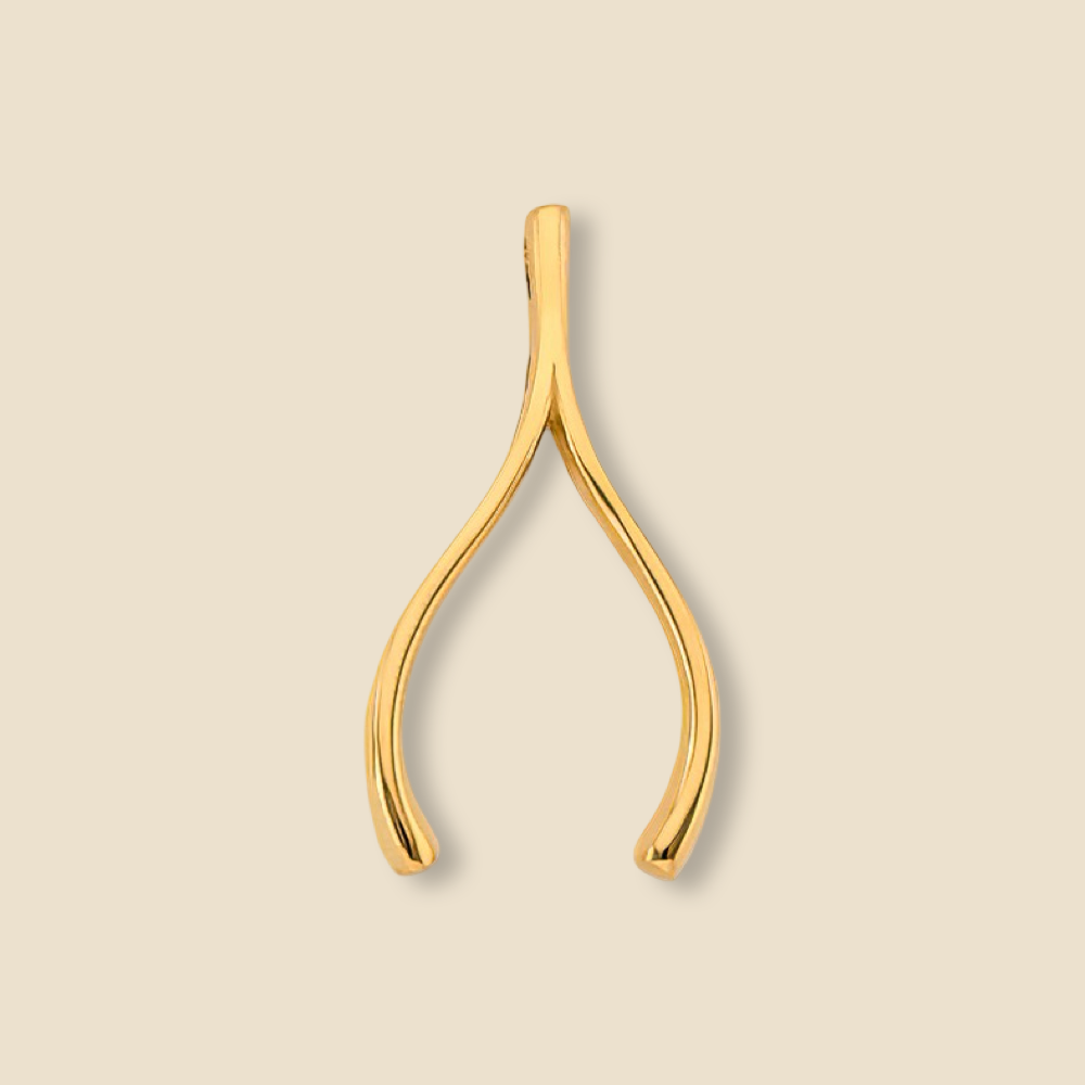 14K Gold Wishbone Charm Pendant on a plain background, showcasing its polished finish and elegant design, a symbol of luck and good fortune.