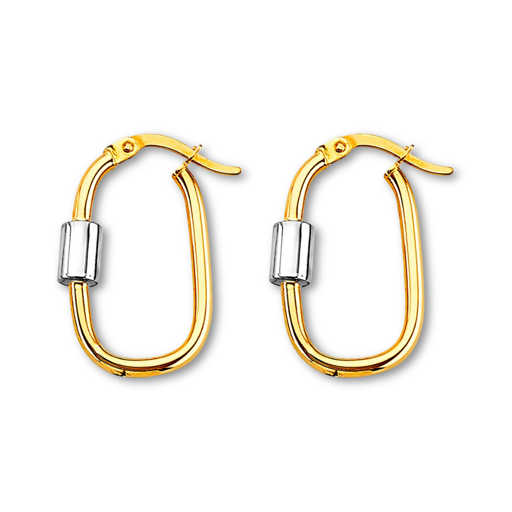 14K two-tone U-shaped hoop earrings displayed on a plain white background, showing the 25mm by 15mm design with smooth polished finish.