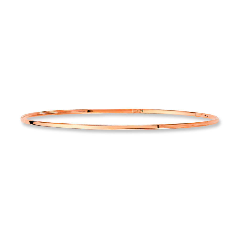 A 14K rose gold plain bangle bracelet with a slim 1.5mm width shown on a crisp white background, reflecting light off its polished gold surface.