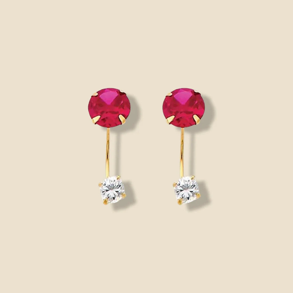 14K Solid Gold Telephonic Earrings with red and white zirconia stones, displayed on a plain background to emphasize their polished finish and screw-back design.