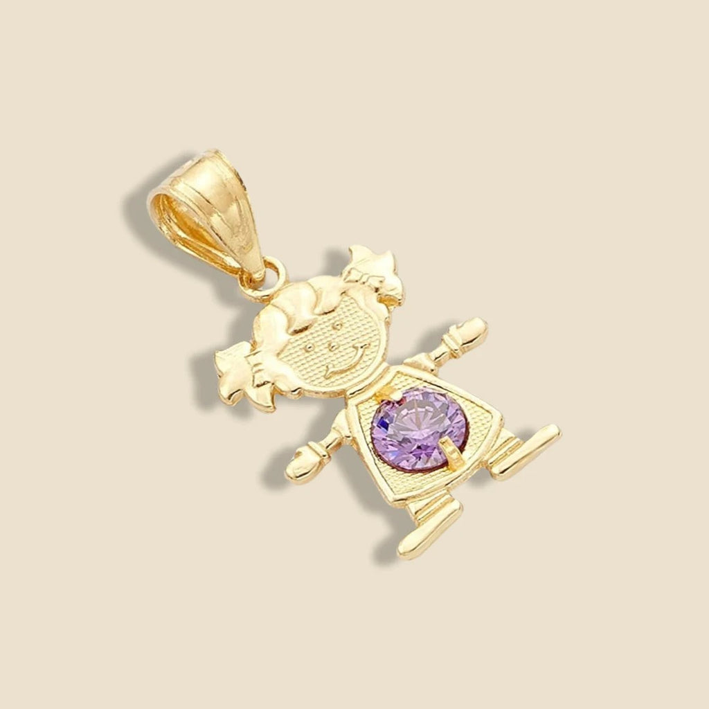 14K Solid Gold Girl Charm with a light purple cubic zirconia, shining softly against a plain background to highlight its elegant detail.