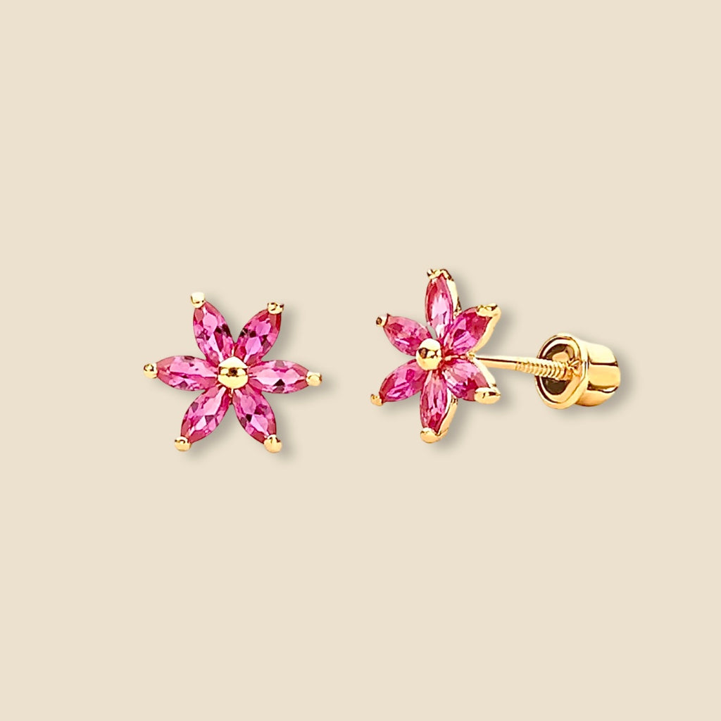 14K Gold Purple Flower Stud Earrings presented on a plain background, showcasing the delicate lavender-toned petals and glossy gold setting.