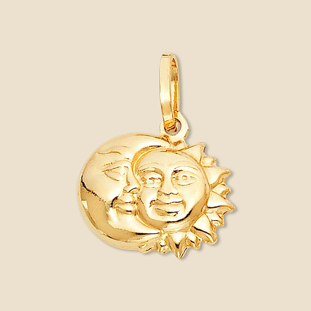 4K Yellow Gold Hollow Sun & Moon Pendant with polished finish, featuring a symbolic celestial design of the sun and moon, placed against a neutral plain background.
