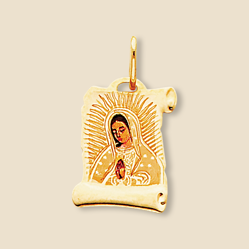 Medium-sized 14K solid gold Virgin Mary Guadalupe pendant measuring 16mm x 13mm, resting elegantly on a plain background. The polished yellow gold surface reflects gentle light, highlighting the intricate detailing of the Virgin Mary design, symbolizing faith and protection.