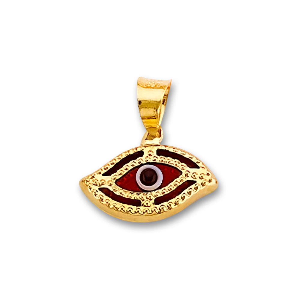 A close-up of a 14K yellow gold red evil eye pendant displayed on a plain white background, showcasing its polished finish and intricate design.