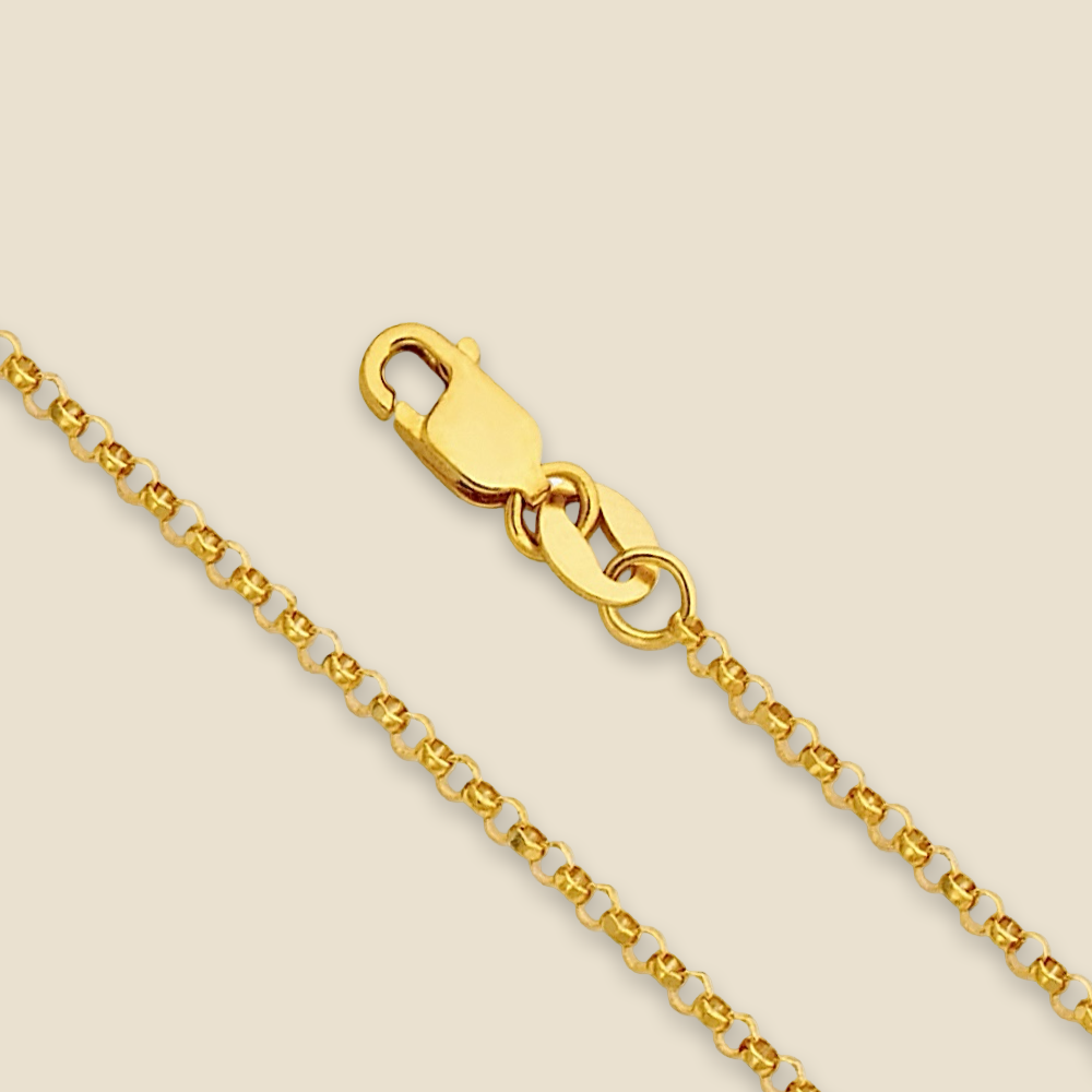 14K Yellow Gold Rolo Cable Chain Necklace displayed on a plain background, showcasing its classic 1.6mm link design and polished finish.