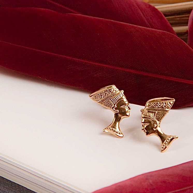 14K Gold Nefertiti Stud Earrings Egyptian Queen Jewelry