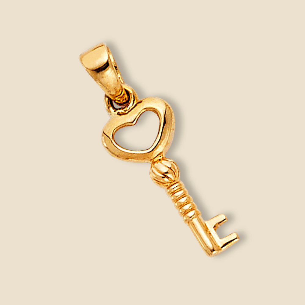 14K Solid Gold tiny key pendant displayed on a plain background, showcasing its dainty shape and polished finish.