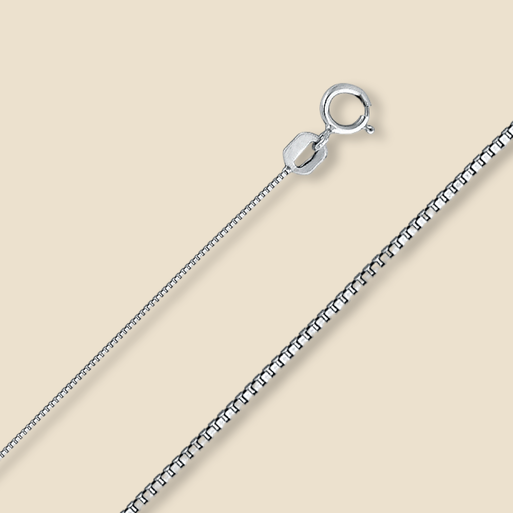 14K white gold 0.5mm box chain necklace displayed on a plain background, highlighting its sleek, polished finish and fine craftsmanship.