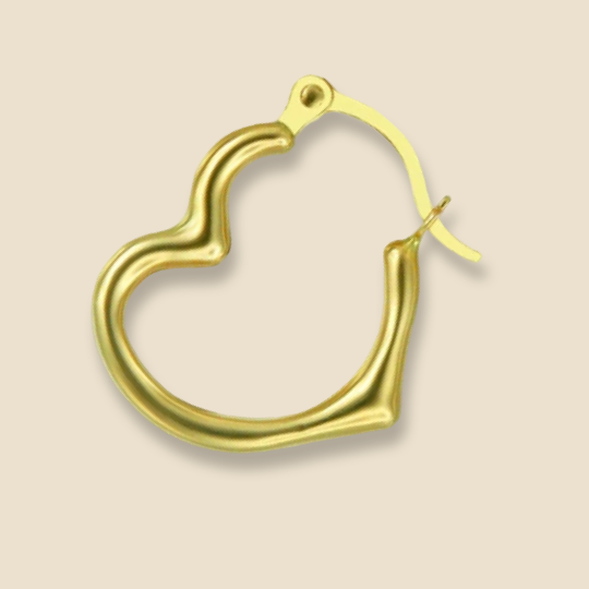 Close-up of minimalist 14K yellow gold heart-shaped hoop earrings, showcasing their polished finish and delicate design, set against a plain white background