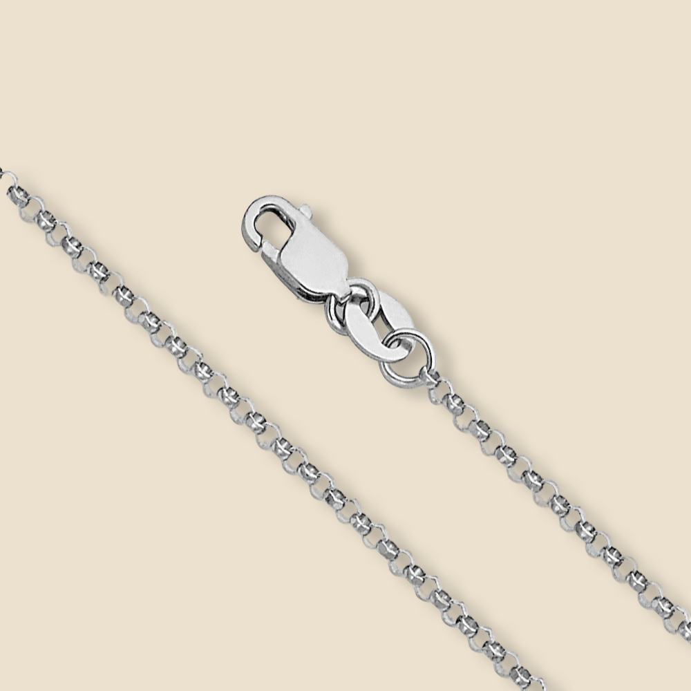 14K White Gold Rolo Cable Chain Necklace displayed on a plain background, showcasing its classic 1.6mm link design and polished finish.