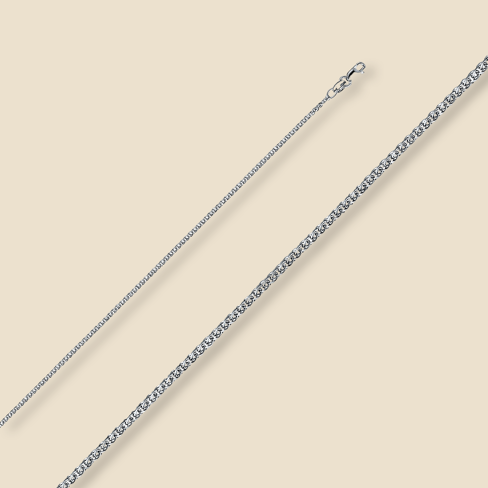 14K white solid gold wheat chain necklace with flat open 1.5mm design, shown against a clean plain background to highlight the white gold color contrast and polished finish.