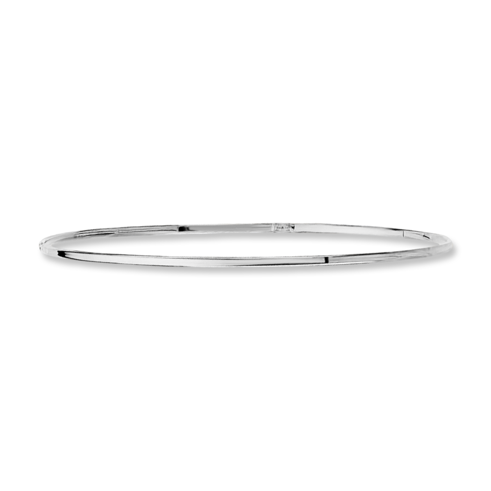A 14K white gold plain bangle bracelet with a slim 1.5mm width shown on a crisp white background, reflecting light off its polished gold surface.