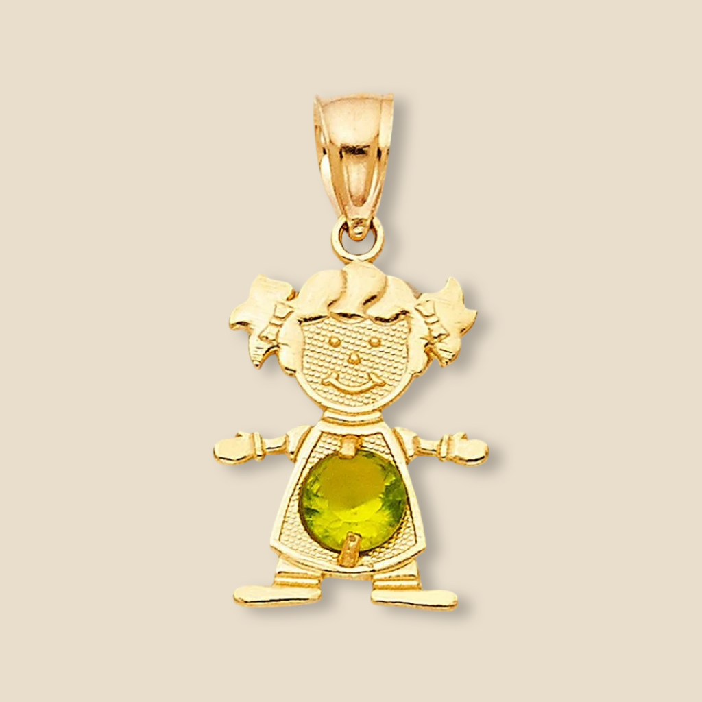 14K Solid Gold Girl Charm with bright green cubic zirconia birthstone, placed on a plain background to highlight its vivid sparkle and golden shine.