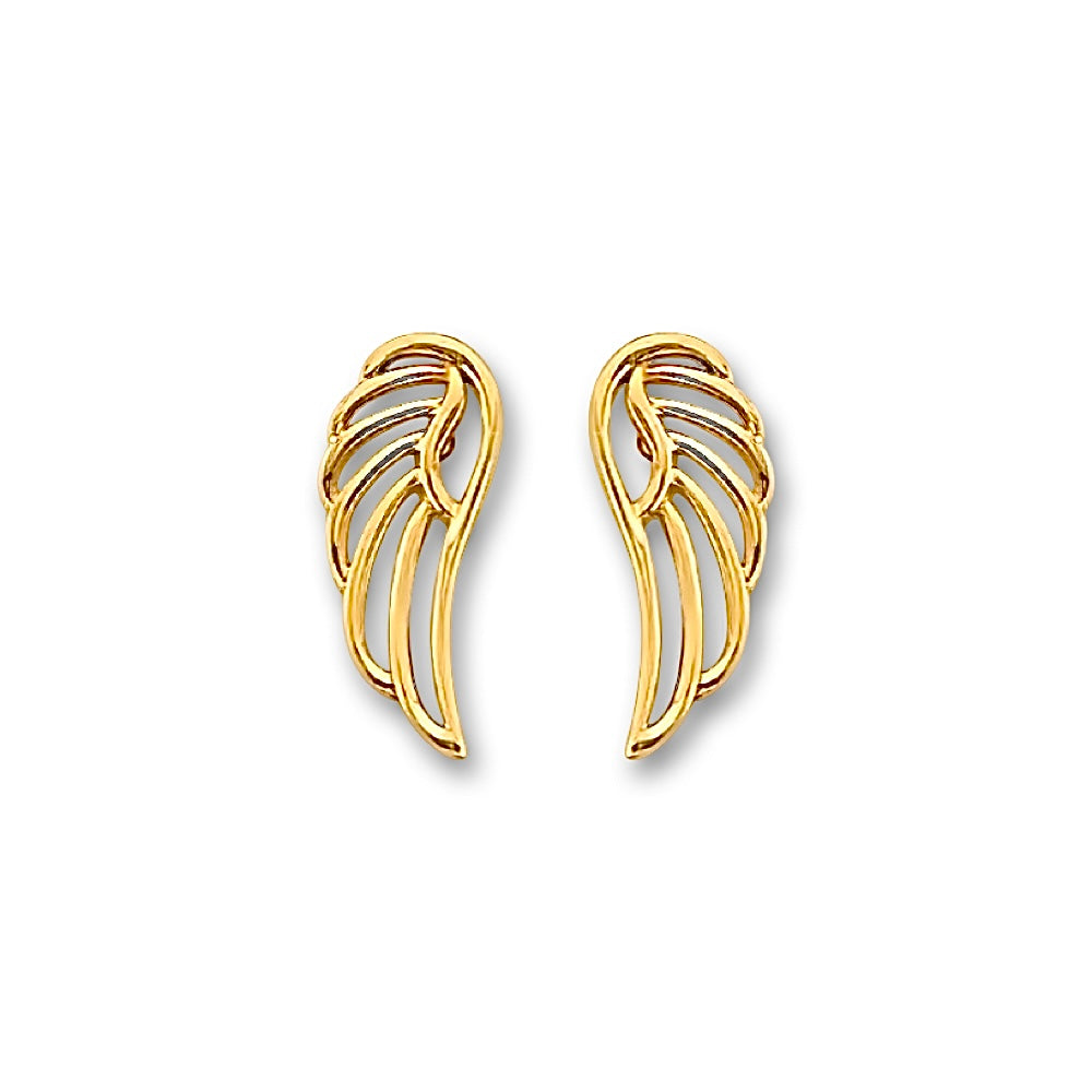 14K yellow gold wing stud earrings photographed on a plain white background, featuring their minimalist design and polished finish.