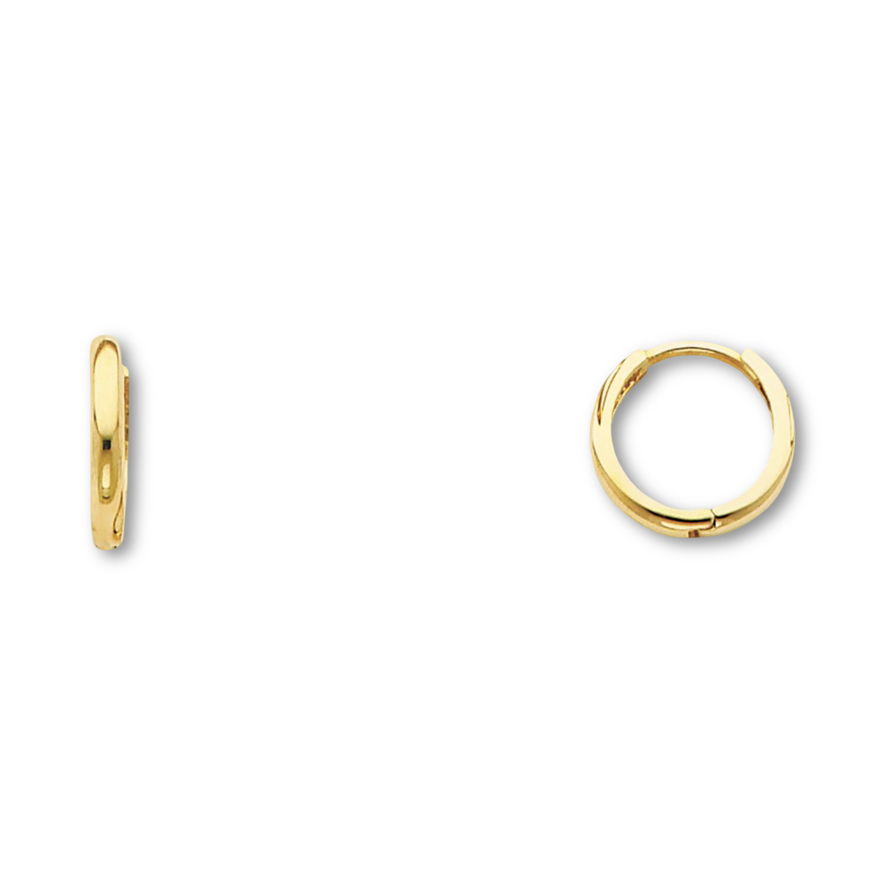 A pair of small 14K yellow gold Huggies earrings shown against a plain backdrop, revealing the sleek curvature and 10mm diameter of each hoop.