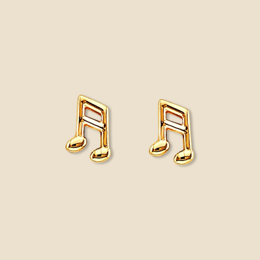 Studio image of 14K yellow gold music note earrings on a plain background, showcasing their polished finish and classic stud style.