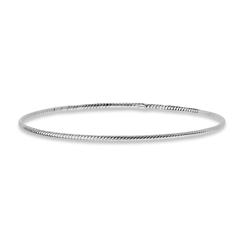 A minimalist 14K white gold braided bangle lying flat on a solid white background. Its fine 1.5mm width and cool-toned polished finish offer a sleek, modern look, enhanced by the subtle texture of the braided detailing.