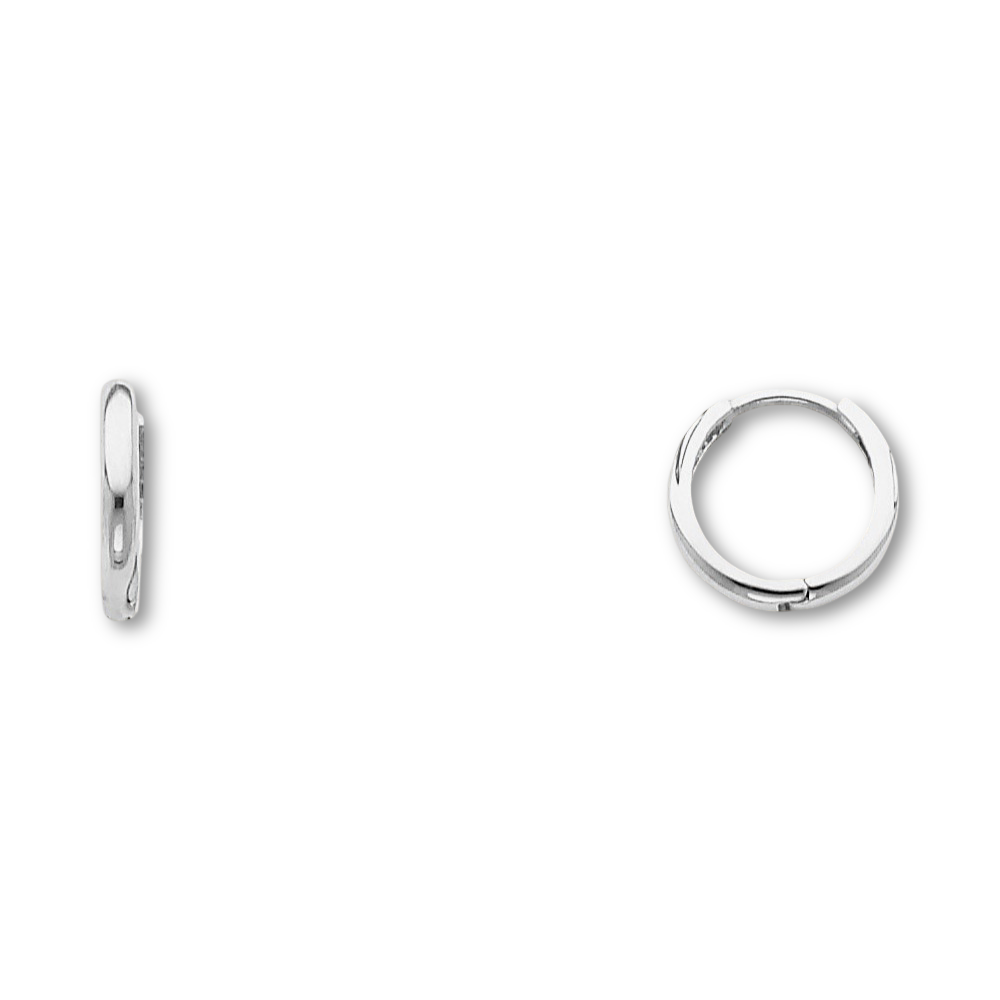 A pair of small 14K white gold Huggies earrings shown against a plain backdrop, revealing the sleek curvature and 10mm diameter of each hoop.
