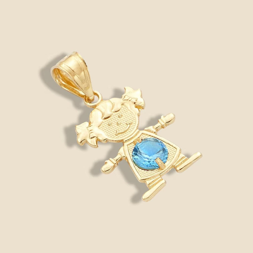 14K Solid Gold Girl Charm with a sparkling blue cubic zirconia, displayed on a plain background to enhance the brilliance of the birthstone.