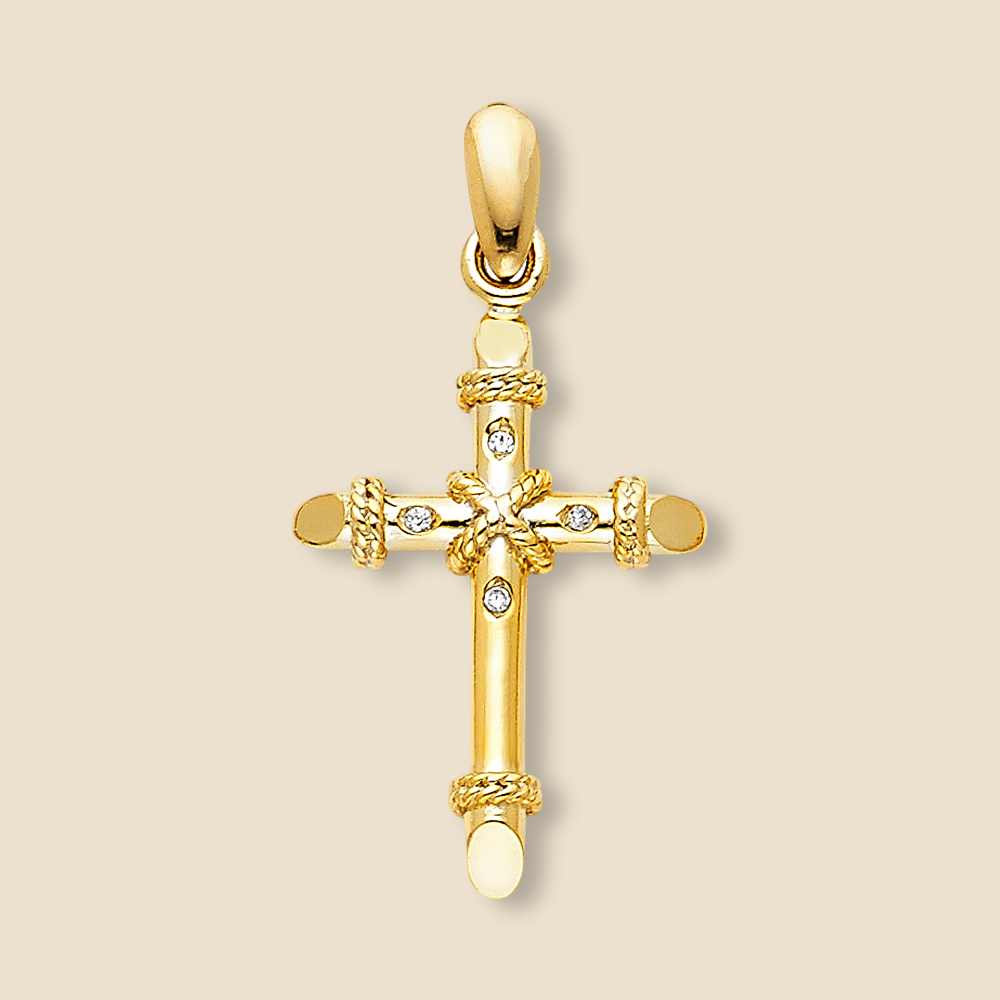 Simple 14K gold cross pendant centered on a plain background, showing its smooth surface and classic shape.