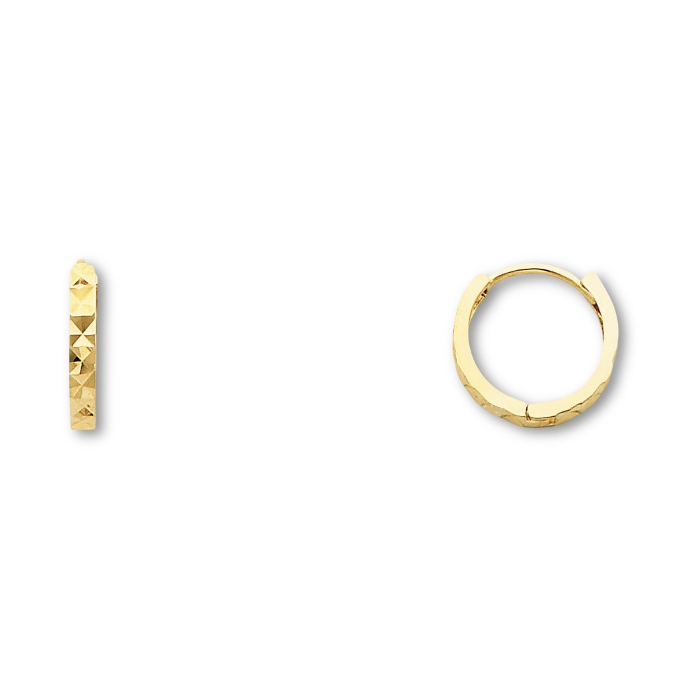 A pair of 14K yellow Gold Huggies earrings against a plain white backdrop, clearly showing the 11mm round shape and diamond-cut design.