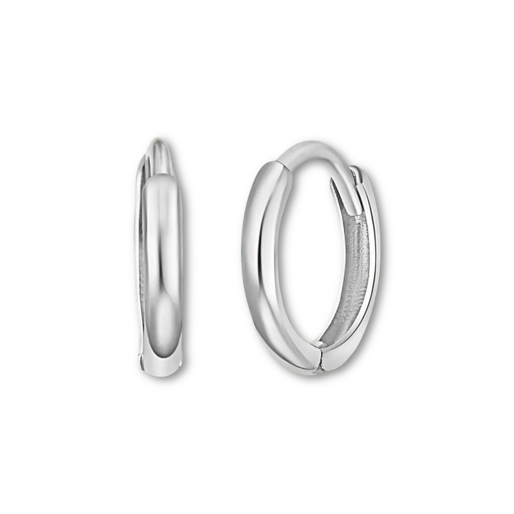 Minimalist 14K White gold Huggies earring photographed against a plain background, emphasizing its compact 8mm size and modern simplicity.