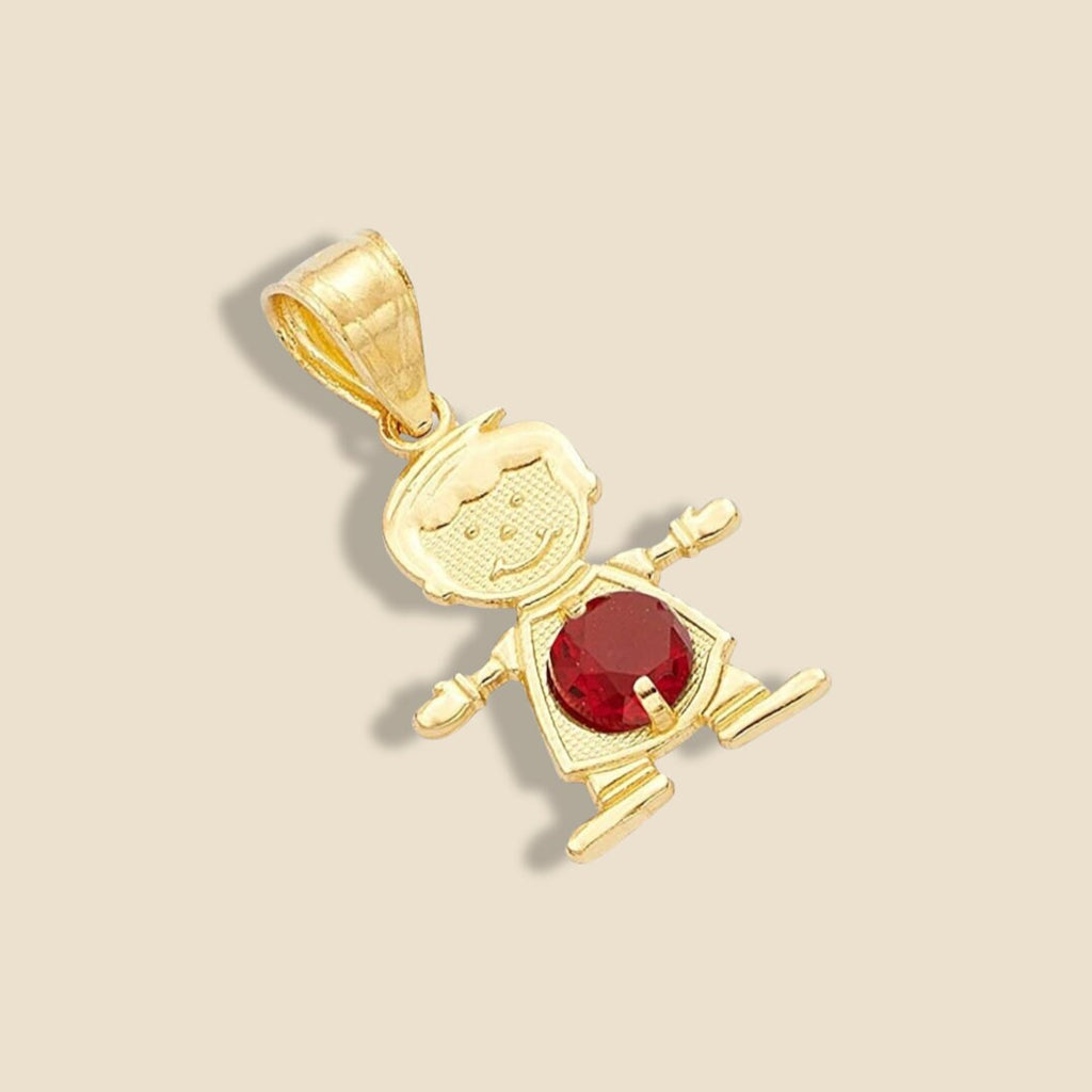 14K Solid Gold January Birthstone Boy Charm with a red cubic zirconia stone, displayed on a plain background to showcase its polished finish and elegant design.
