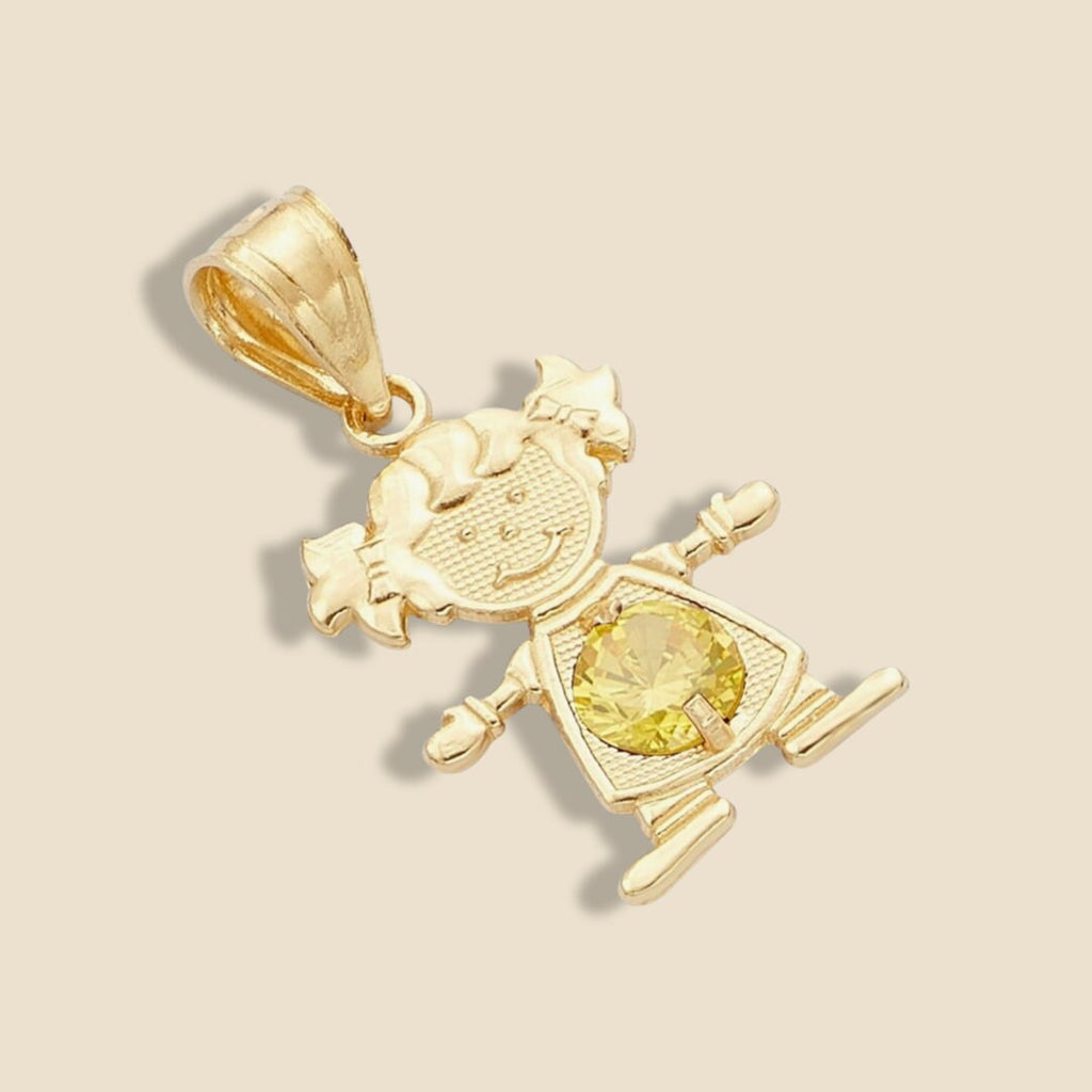 14K Solid Gold Girl Charm with yellow cubic zirconia, gracefully displayed on a plain background, highlighting the shimmer of the gold and golden glow of the stone.
