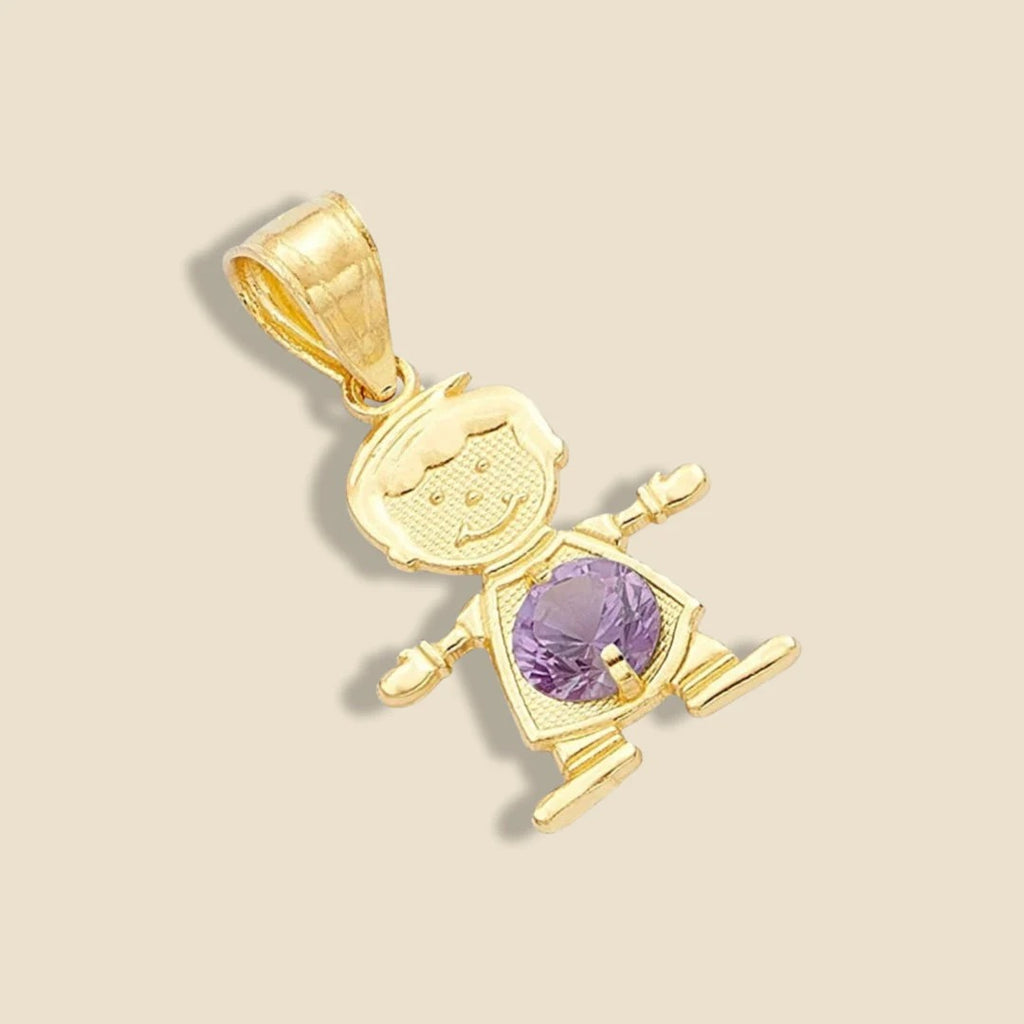 14K Solid Gold June Birthstone Boy Charm featuring a purple cubic zirconia stone, resting on a plain background to emphasize its polished gold finish and intricate details.