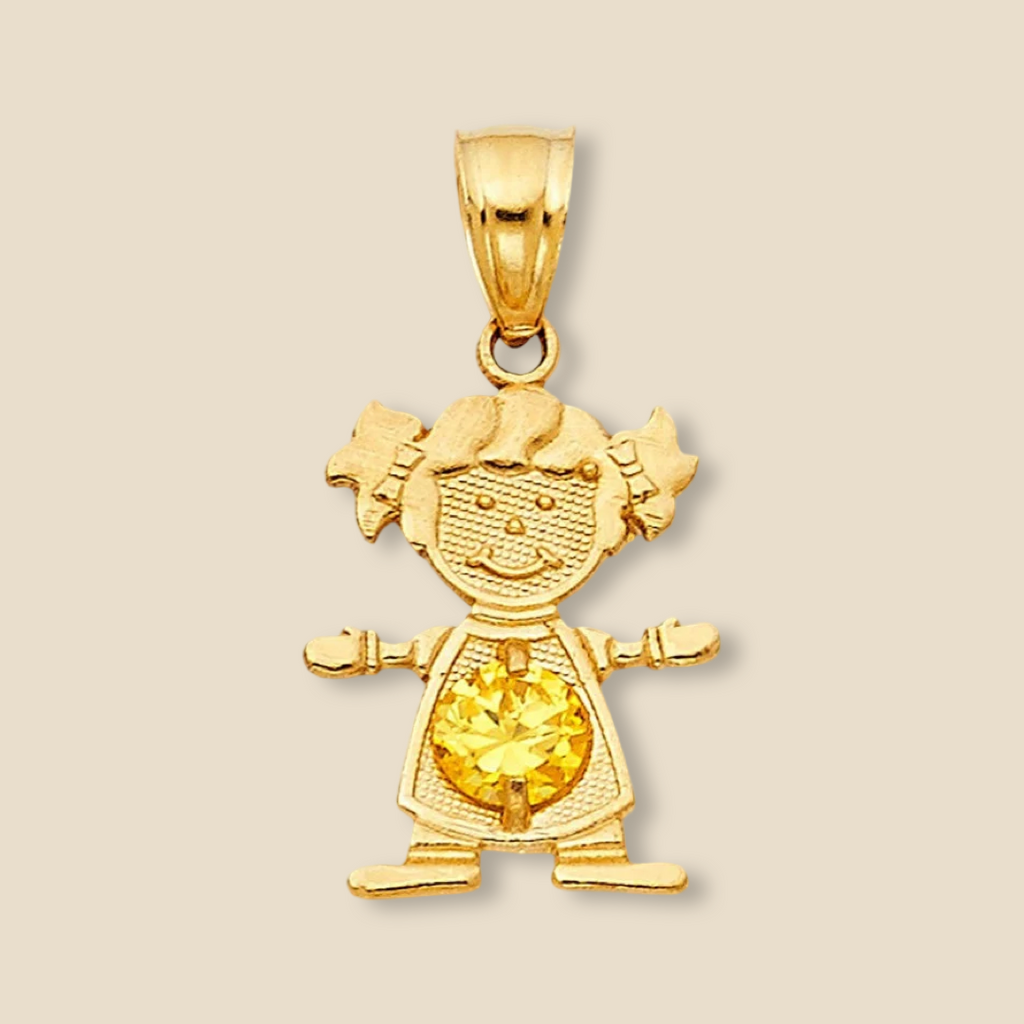 14K Solid Gold Girl Charm with yellow cubic zirconia, gracefully displayed on a plain background, highlighting the shimmer of the gold and golden glow of the stone.
