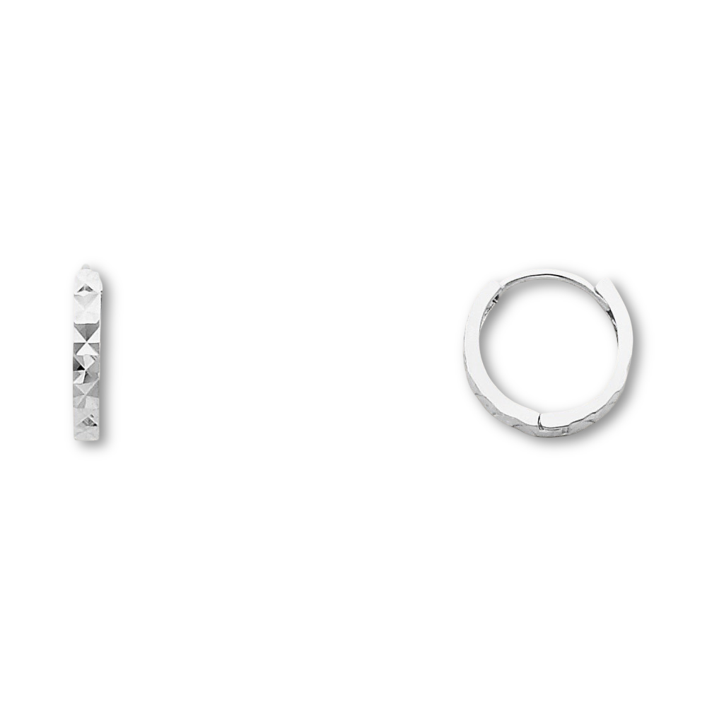 A pair of 14K white Gold Huggies earrings against a plain white backdrop, clearly showing the 11mm round shape and diamond-cut design.