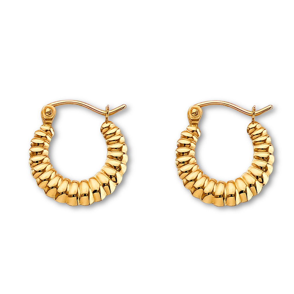 14K Yellow Gold Fancy Hollow Hoop Earrings on plain white background, polished and lightweight.