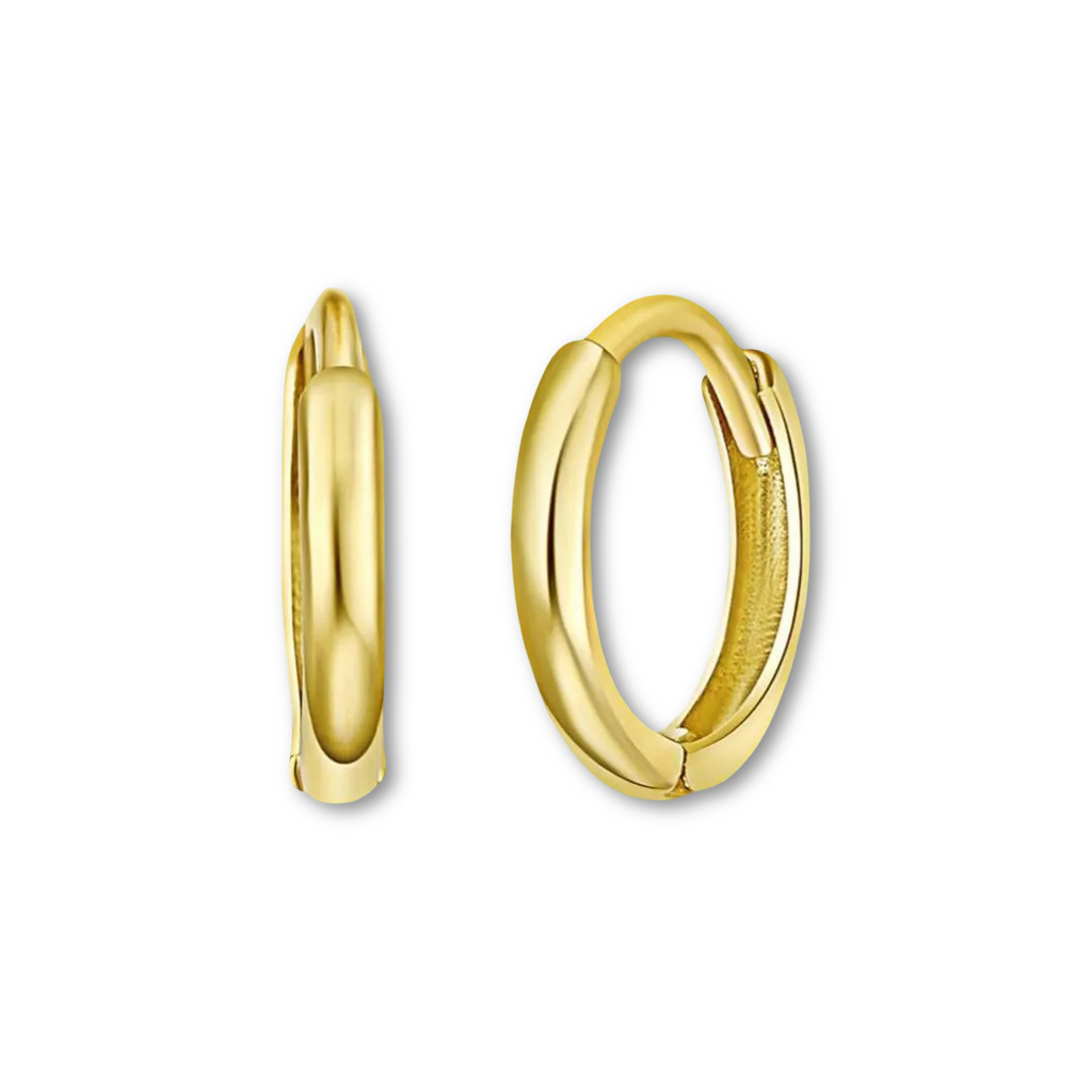Minimalist 14K yellow gold Huggies earring photographed against a plain background, emphasizing its compact 8mm size and modern simplicity.