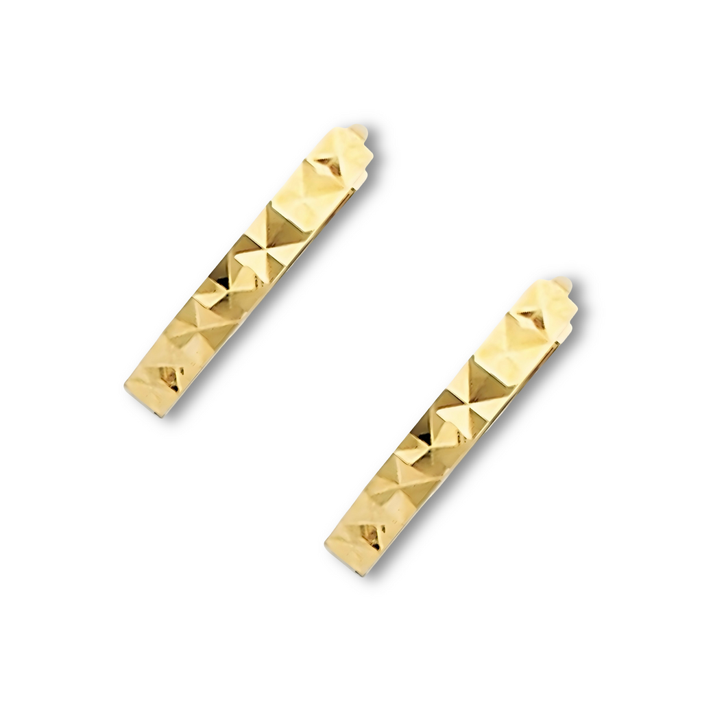 A pair of 14K yellow Gold Huggies earrings against a plain white backdrop, clearly showing the 11mm round shape and diamond-cut design.