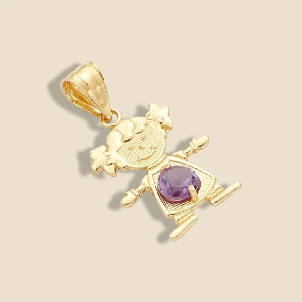 14K Gold Girl Charm with purple cubic zirconia birthstone, resting on a plain background to highlight its exquisite craftsmanship and shine.