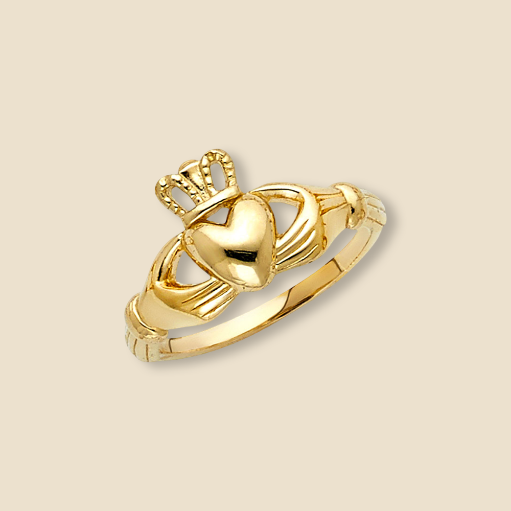 14K Yellow Gold Claddagh Ring featuring a heart, hands, and crown design, displayed against a plain background.