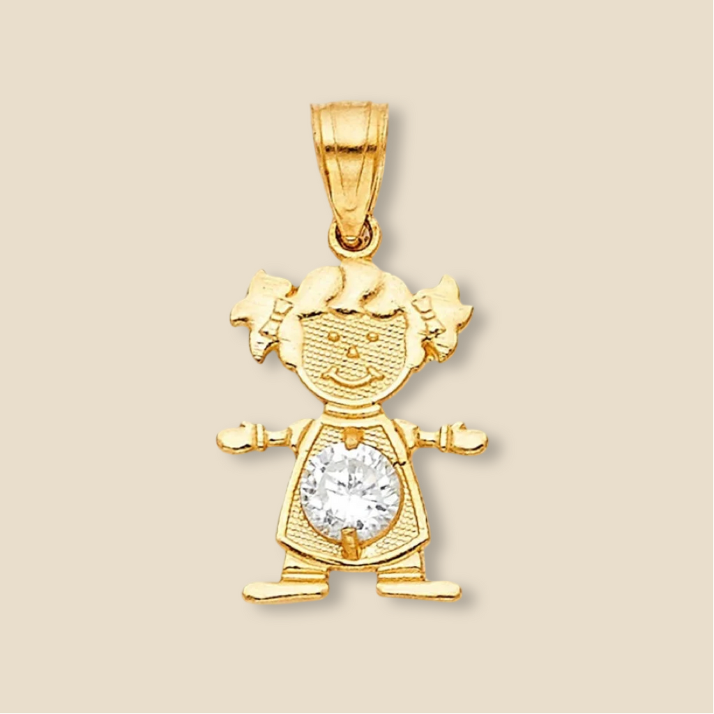 14K Solid Gold Girl Charm with a dazzling white cubic zirconia, captured against a plain background to highlight its shine and fine detailing.
