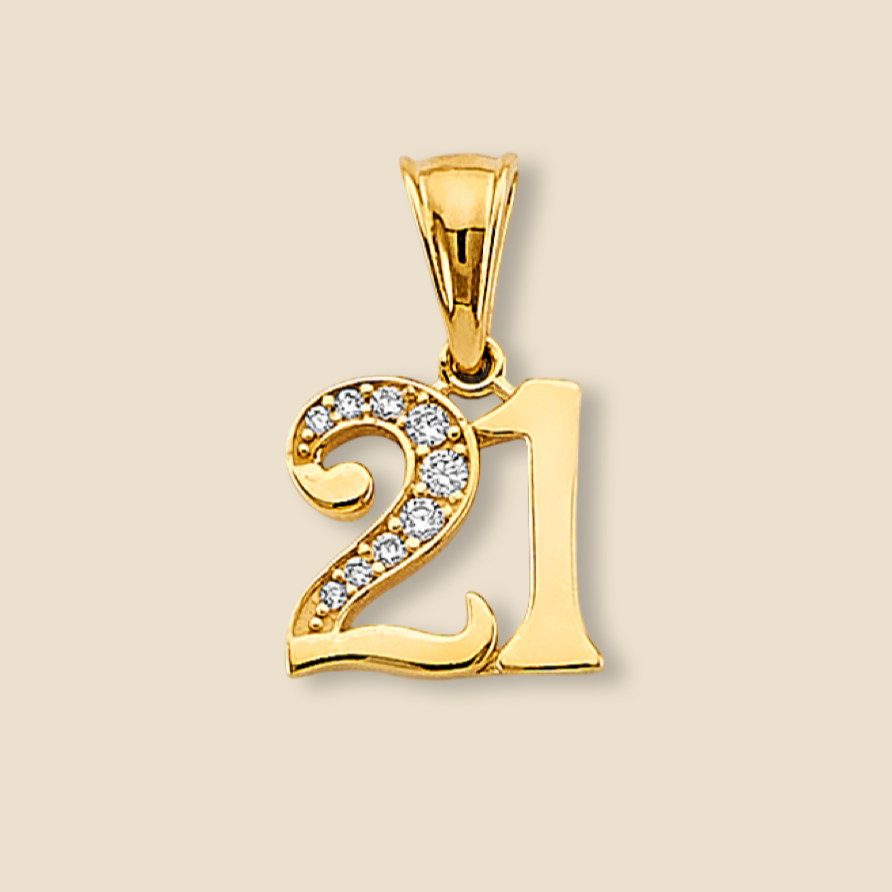 14K gold CZ 21 Years charm pendant in yellow gold with cubic zirconia, displayed on a plain background.