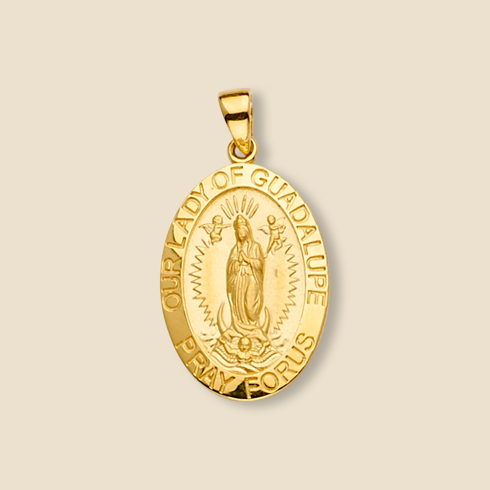 4K gold Guadalupe pendant isolated on a plain background, displaying the clean detailing of the Virgin Mary and polished medal surface.