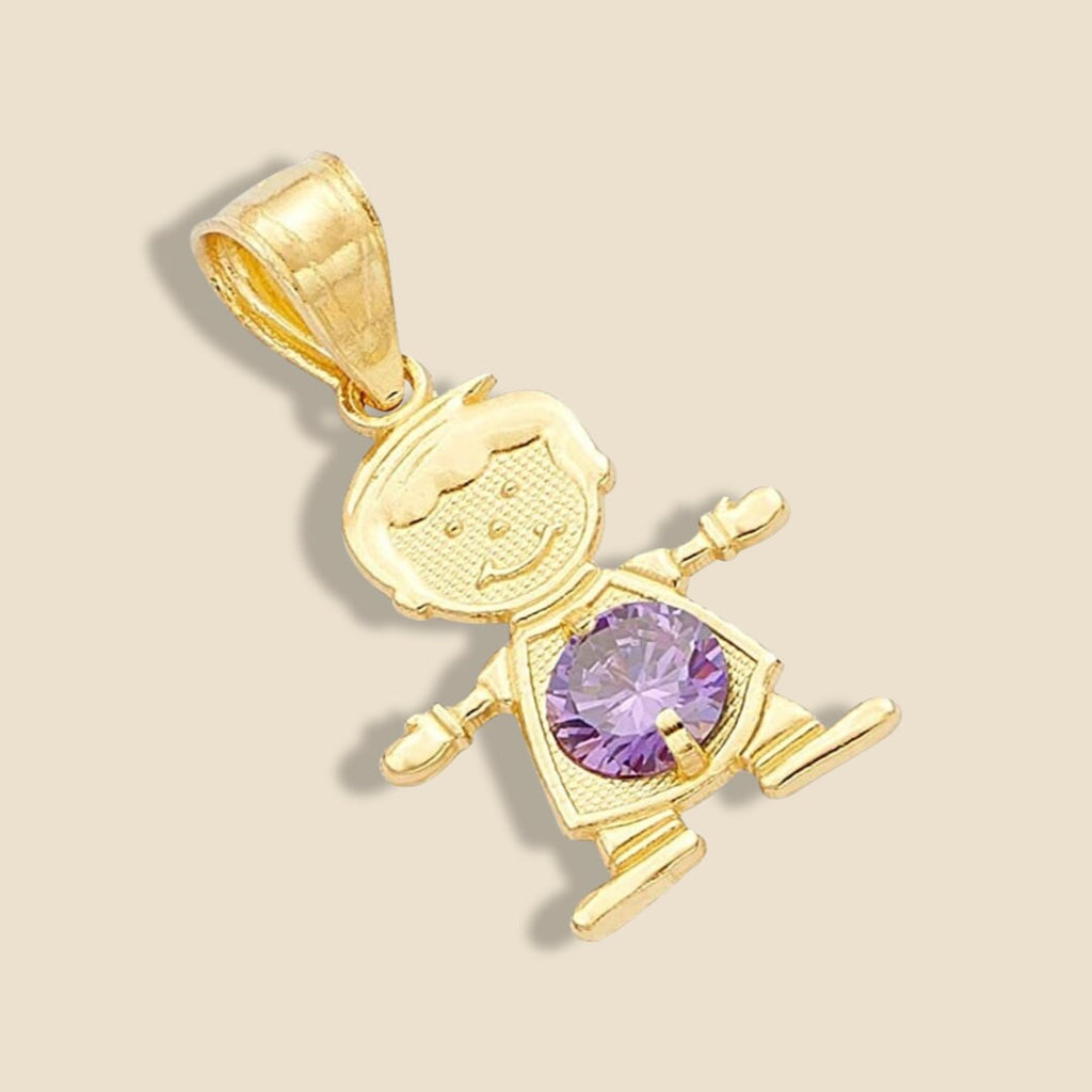 14K Solid Gold February Birthstone Boy Charm featuring a light purple cubic zirconia stone, displayed on a plain background to highlight its polished finish and detailed silhouette.