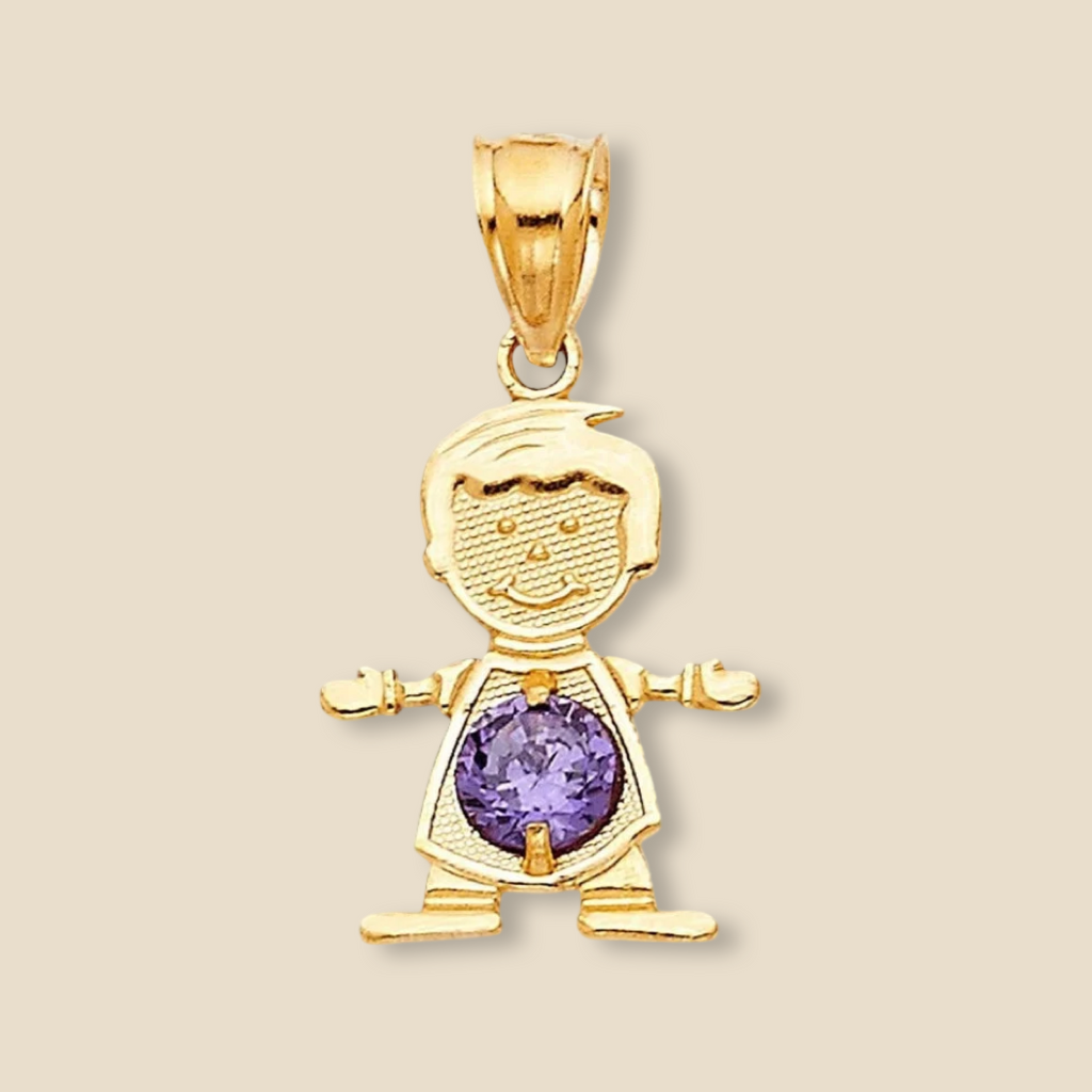 14K Solid Gold February Birthstone Boy Charm featuring a light purple cubic zirconia stone, displayed on a plain background to highlight its polished finish and detailed silhouette.