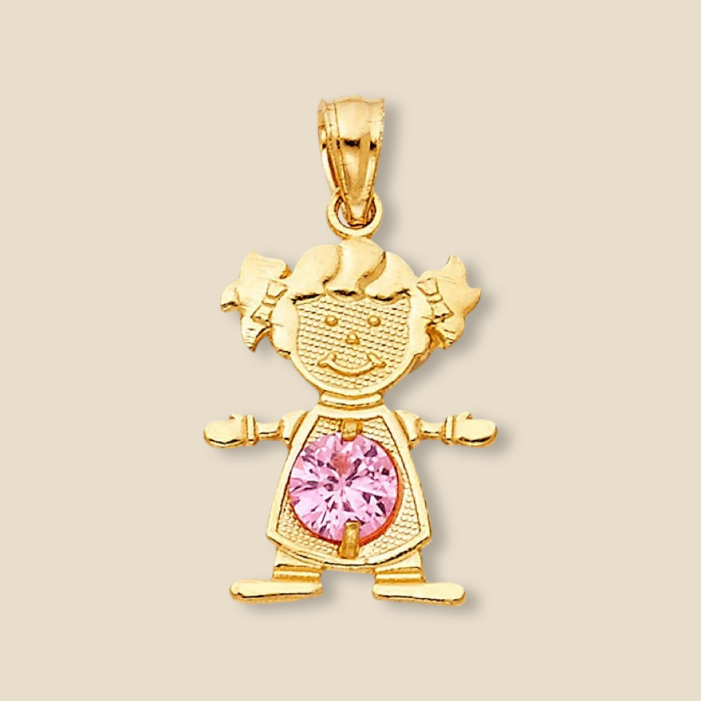 14K Solid Gold Girl Charm with pink cubic zirconia stone, displayed on a plain background, emphasizing the delicate gold and soft pink sparkle.