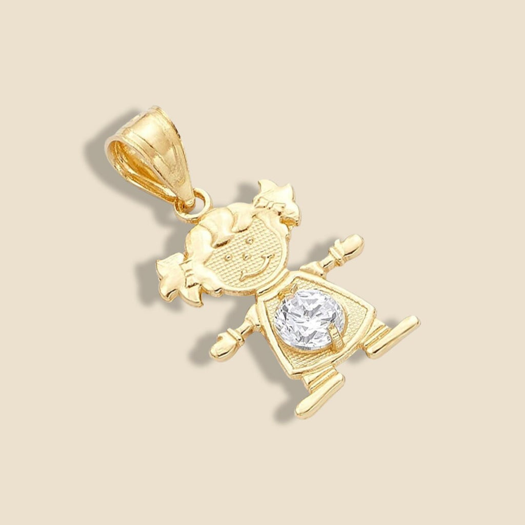 14K Solid Gold Girl Charm with a dazzling white cubic zirconia, captured against a plain background to highlight its shine and fine detailing.
