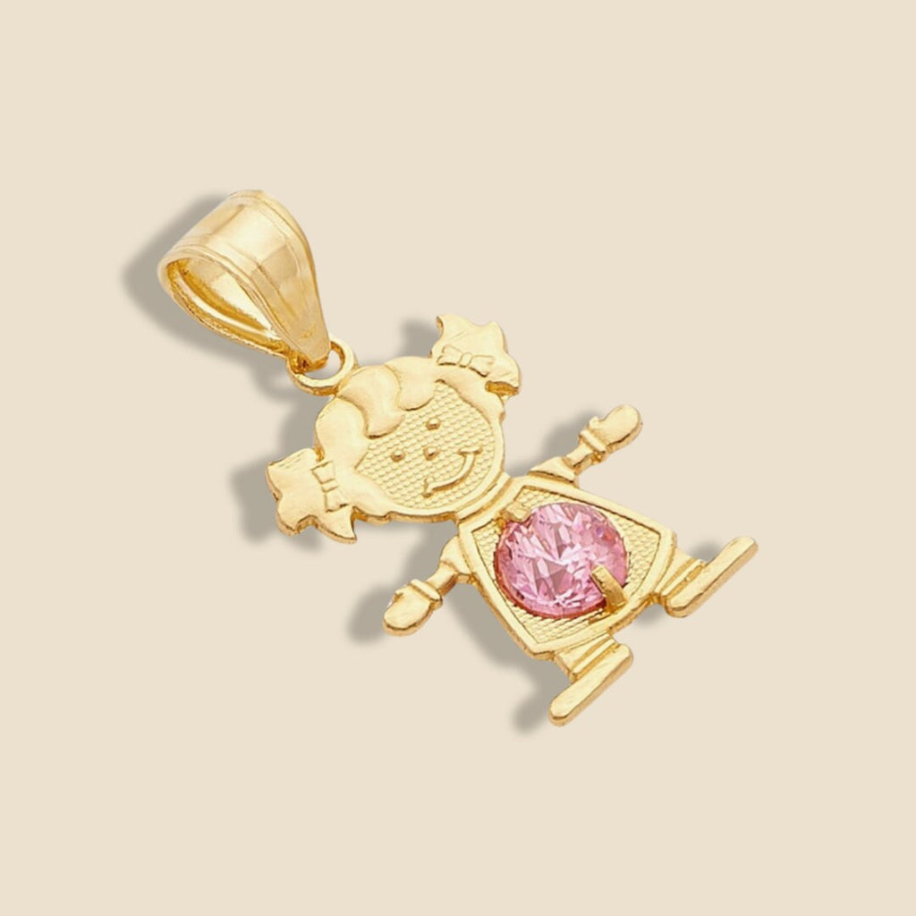 14K Solid Gold Girl Charm with pink cubic zirconia stone, displayed on a plain background, emphasizing the delicate gold and soft pink sparkle.