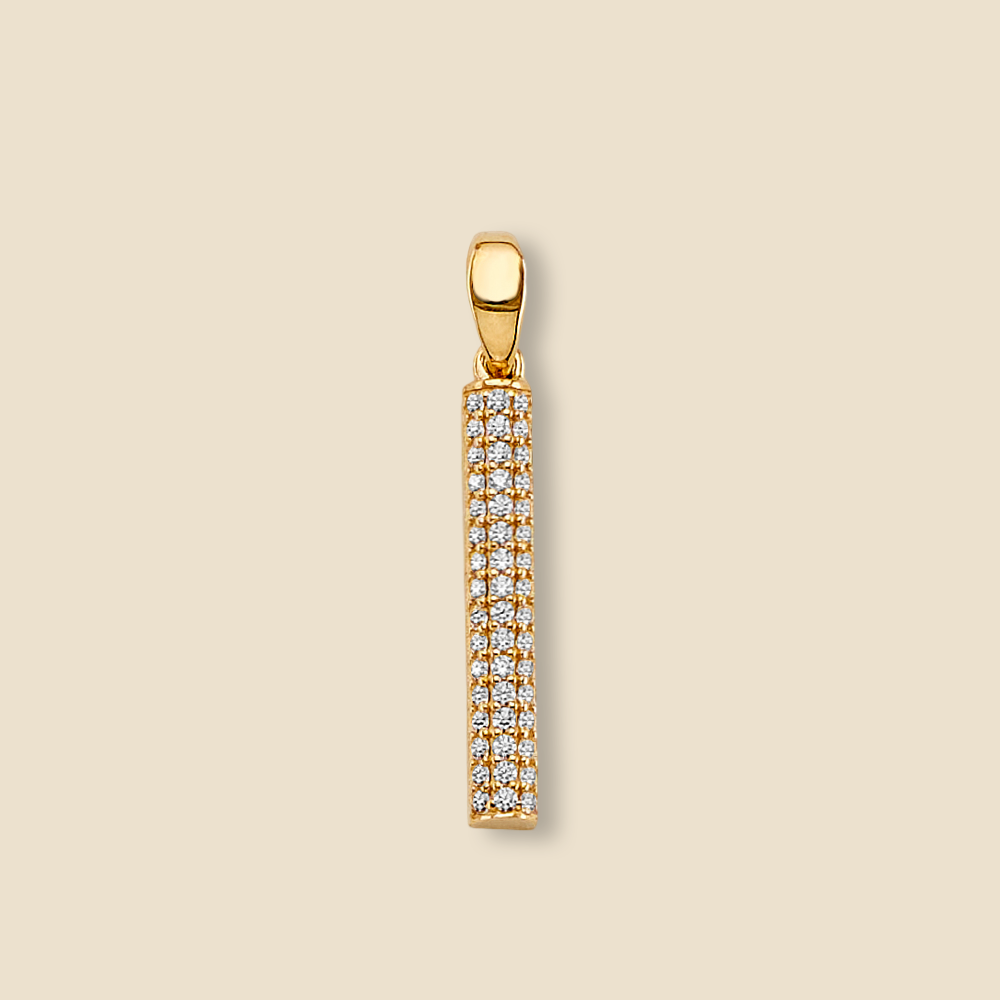 14K gold CZ bar pendant with minimalist design displayed on a plain background, highlighting its polished finish and sparkle.