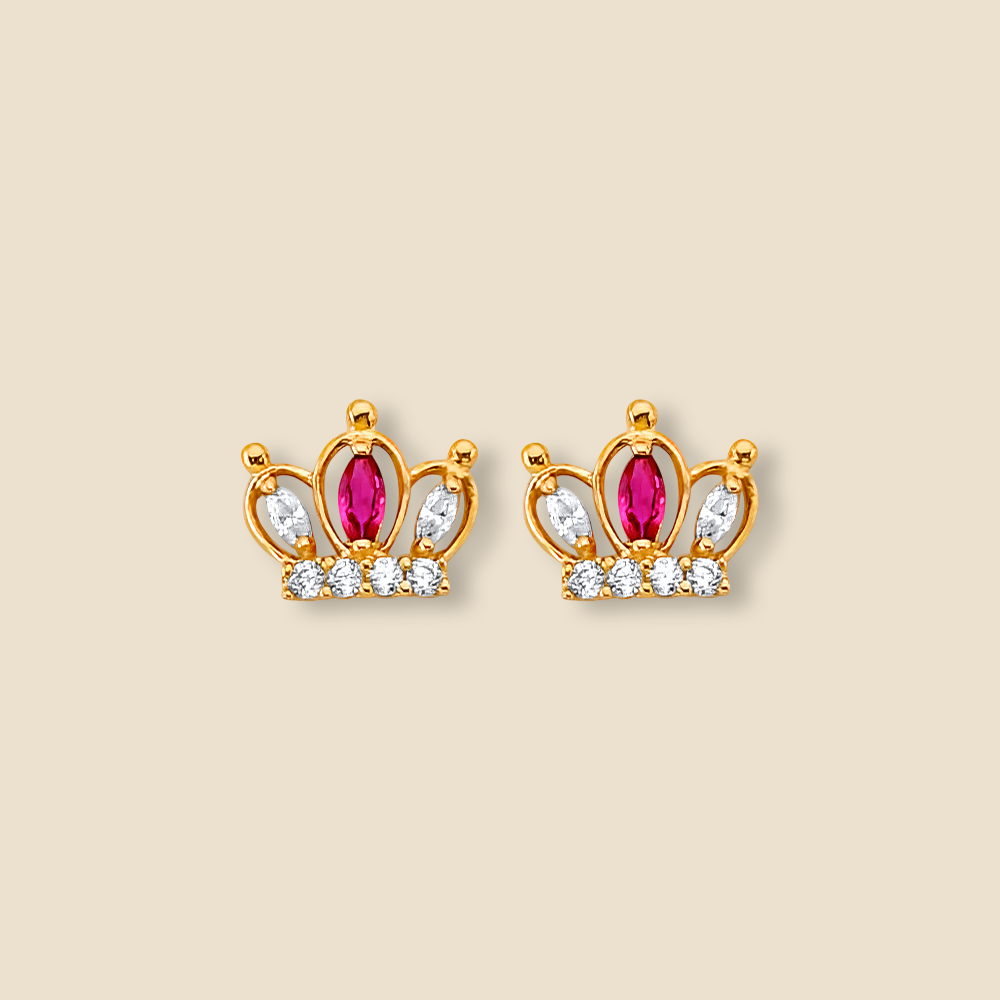 A clean, studio shot of 14K gold crown CZ push-back earrings on a plain background, highlighting their size, shape, and bright sparkle.
